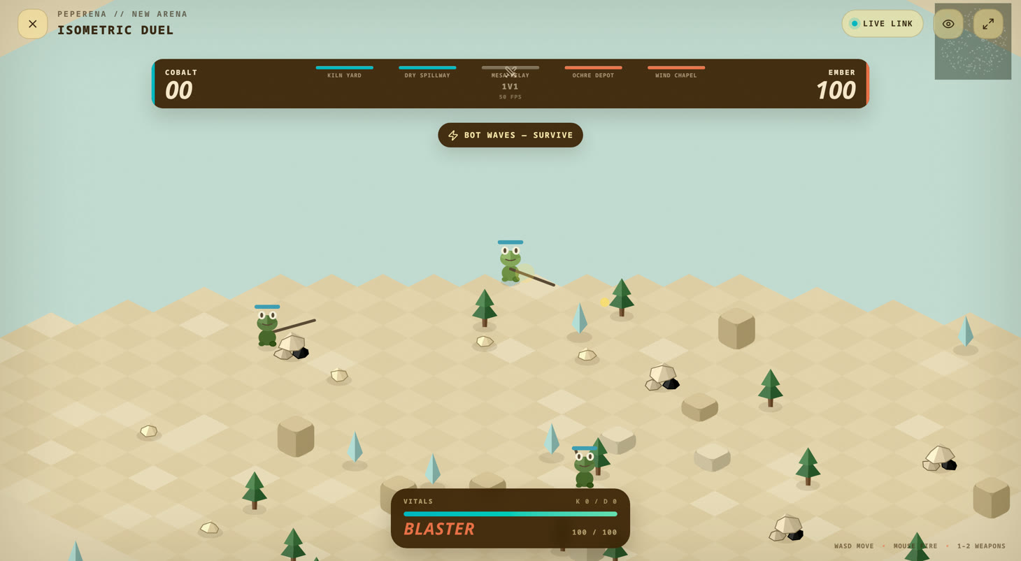 Real in-game screenshot: bot waves closing in across the sunlit isometric arena