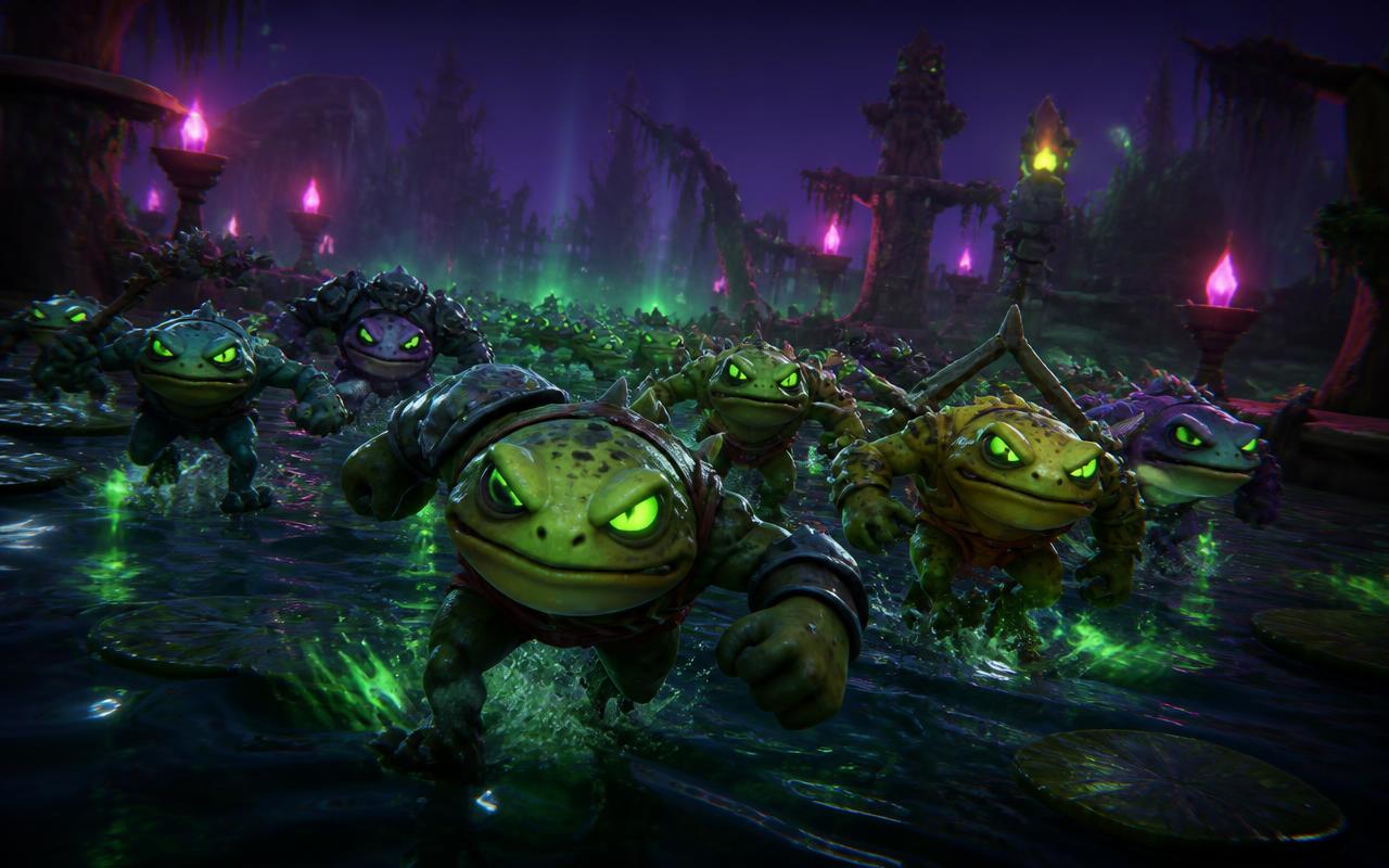 A wave of enemy frogs charging through the neon swamp